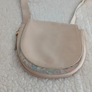 Neutral Beige Crossbody Saddle Bag with Pastel Trim